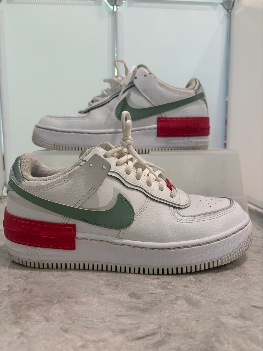 Nike Air Force One Shadow White Sneakers with Sage Swoosh and Salmon Heel Panel